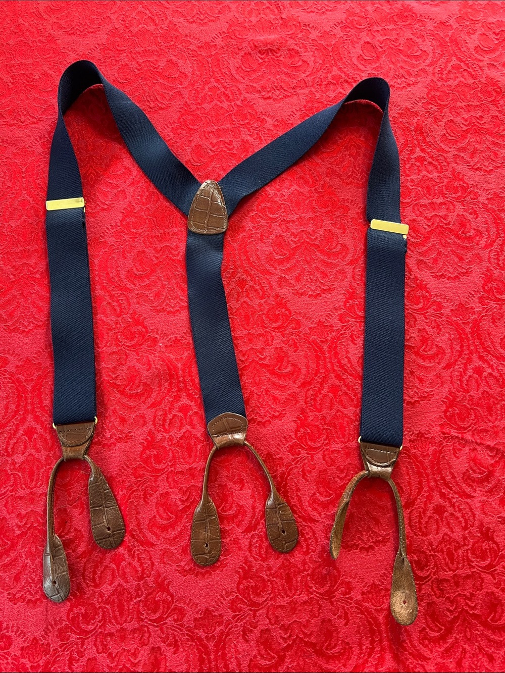 Pelican USA Navy Blue Suspenders Brown Leather Button Tabs Men’s Braces
